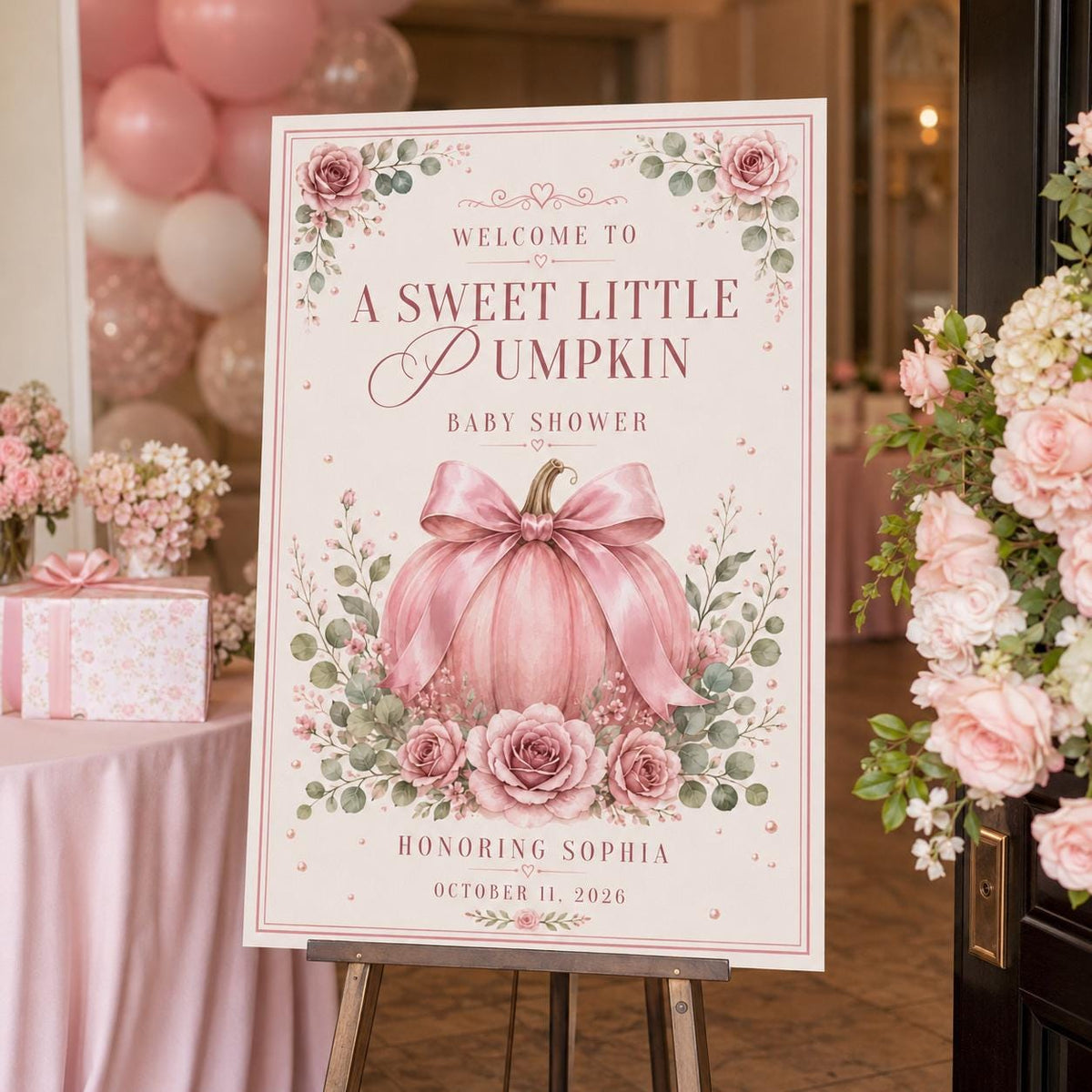 Pink Floral Baby Shower Welcome Sign — digital welcome sign, instant download