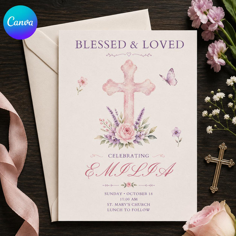 Pink Floral Baptism Invitation Girl