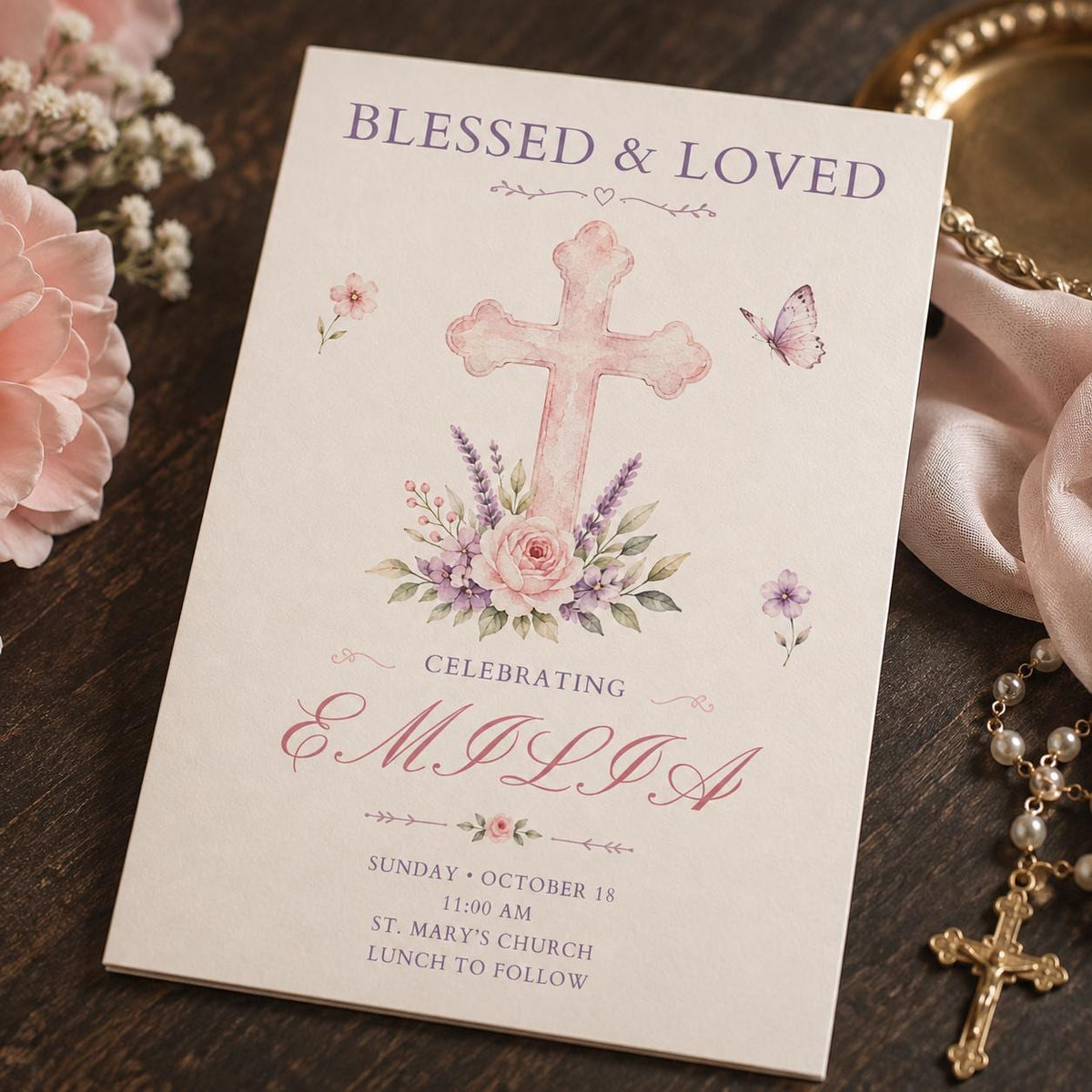 Pink Floral Baptism Invitation Girl — baptism stationery by VoltBy