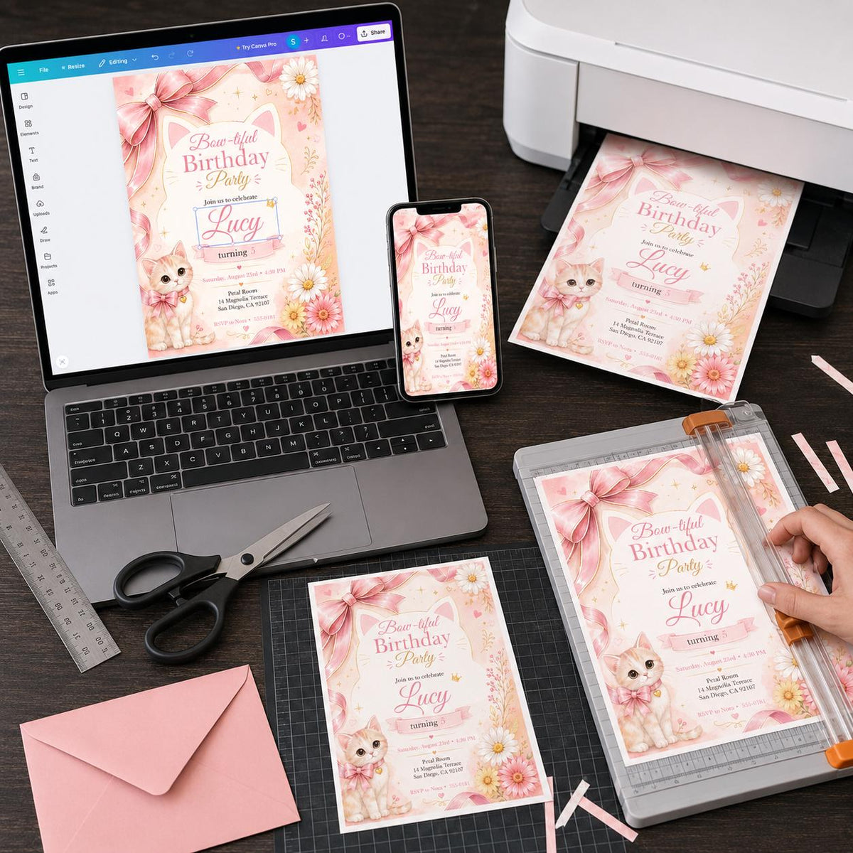 Pink Floral Cat 5th Birthday Invitation for Girls — print-ready 5th birthday party design from VoltBy
