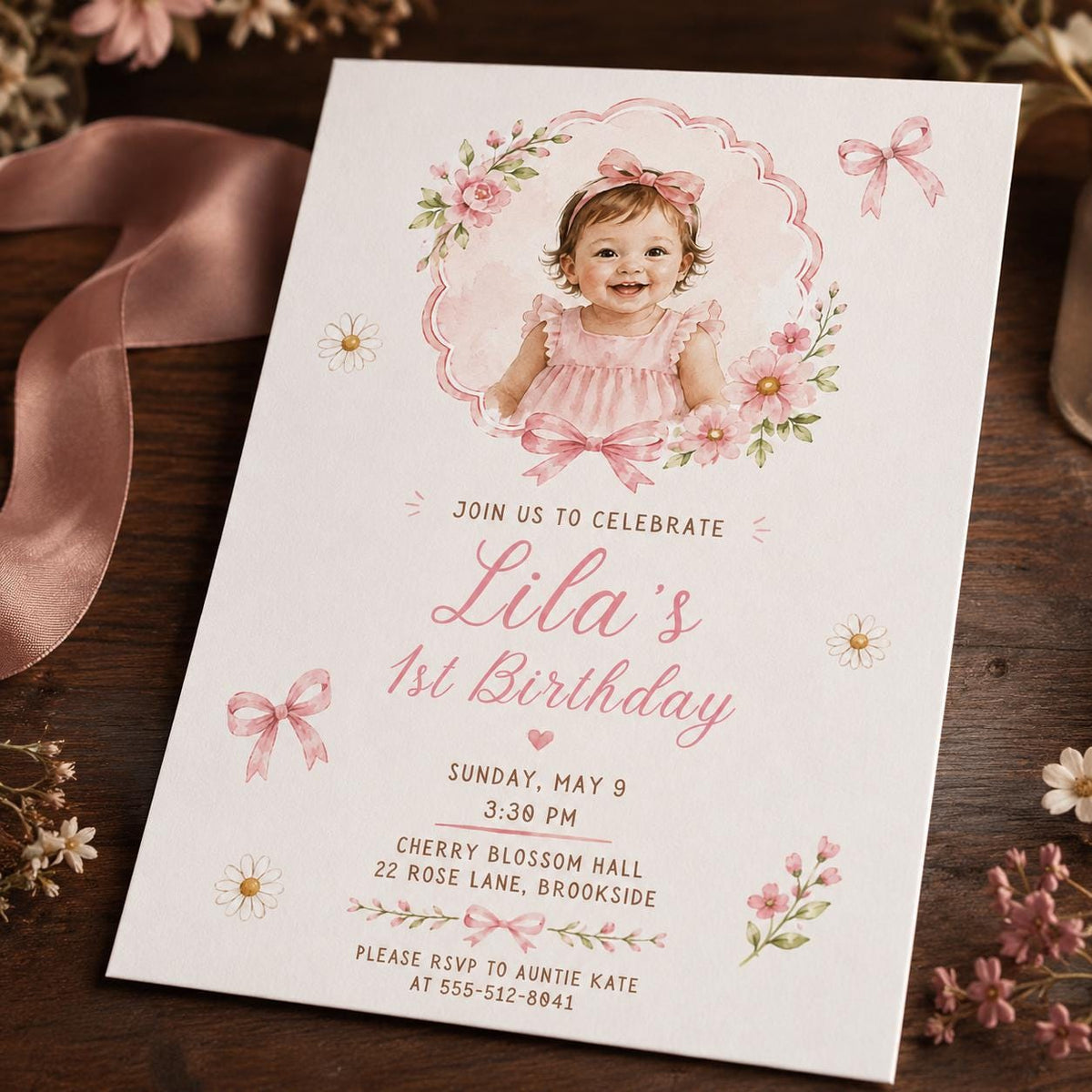 Pink Floral First Birthday Photo Invitation Girl — first birthday stationery by VoltBy