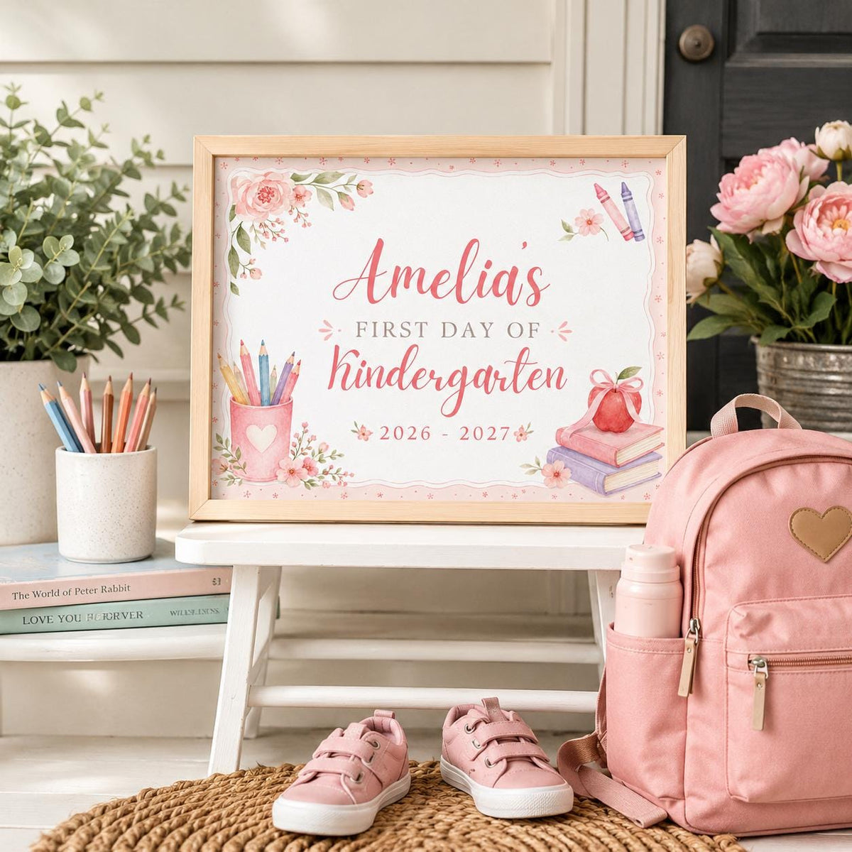Pink Floral First Day of Kindergarten Sign — apple artwork in cream and green