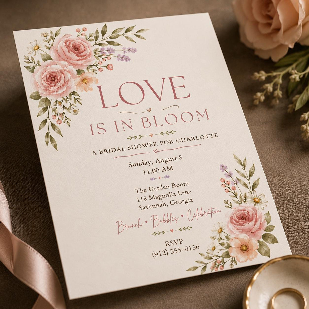 Pink Floral Love Is in Bloom Bridal Shower Invitation — digital invitation, instant download