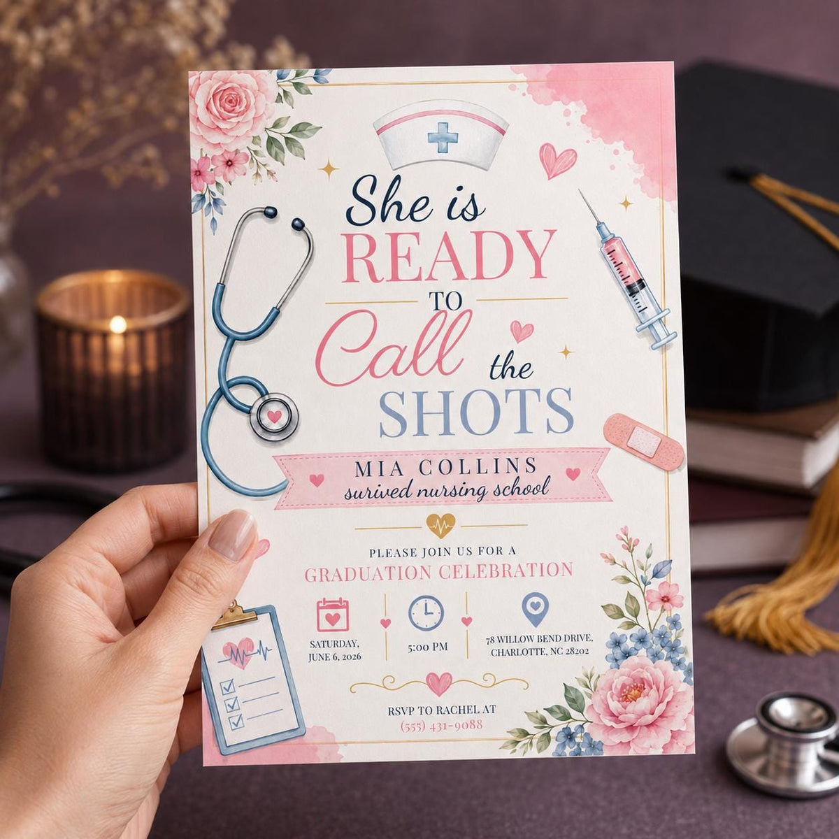 Pink Floral Nursing Graduation Invitation — digital invitation, instant download