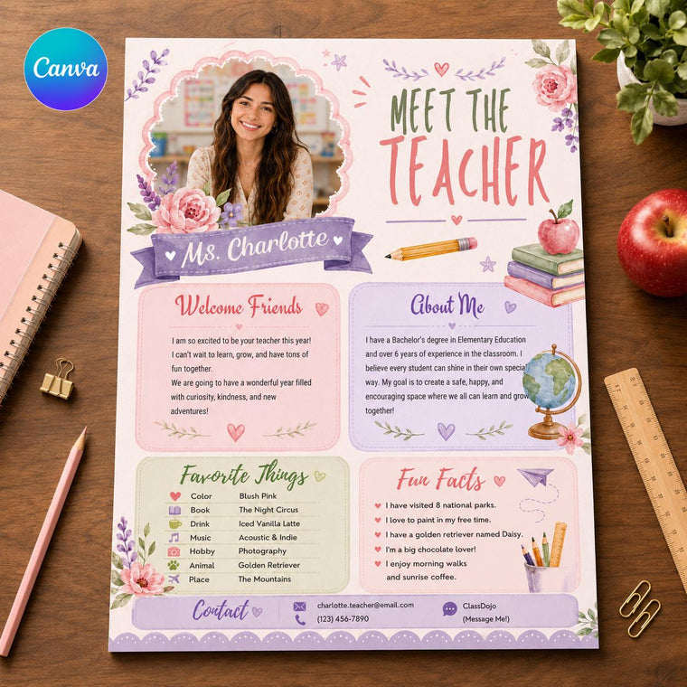 Pink Floral Photo Meet the Teacher Template