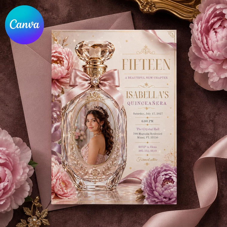 Pink Floral Quinceanera Invitation: Pink Perfume Bottle Photo