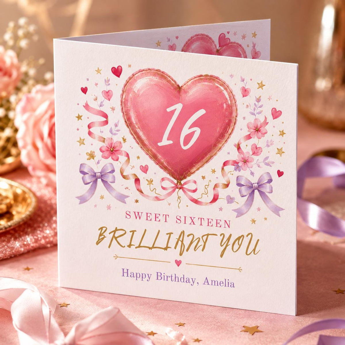 Pink Floral Sweet 16 Birthday Greeting Card for Girl — digital greeting card, instant download