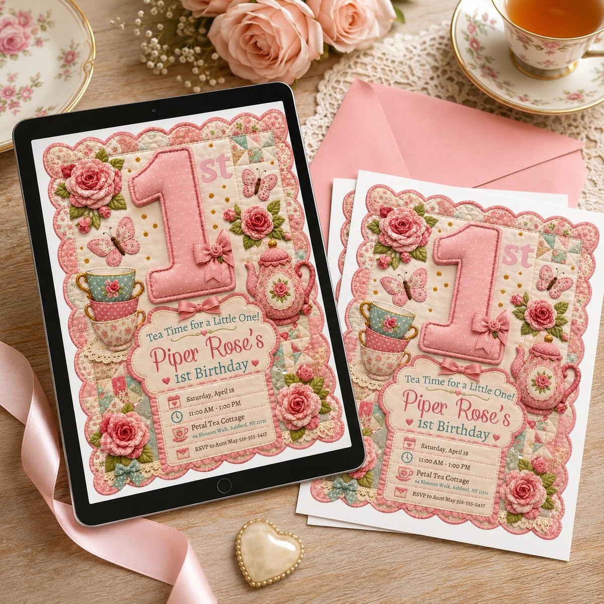 Pink Floral Tea Party First Birthday Invitation for Girls — first birthday stationery by VoltBy