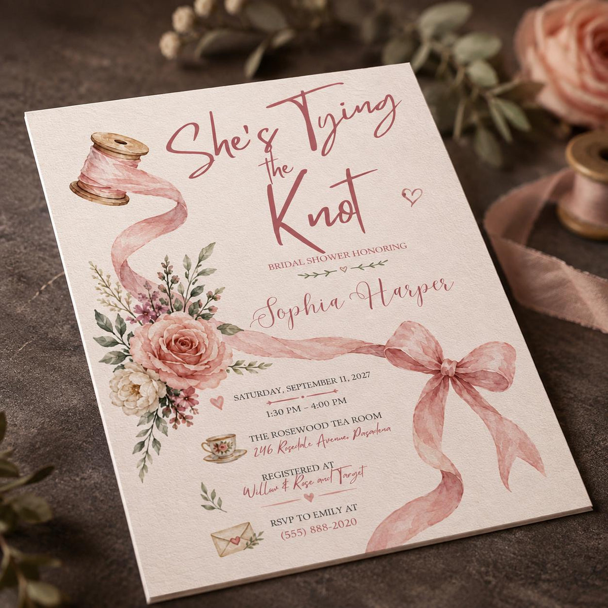 Pink Floral Tying the Knot Bridal Shower Invitation — print-ready bridal shower design from VoltBy