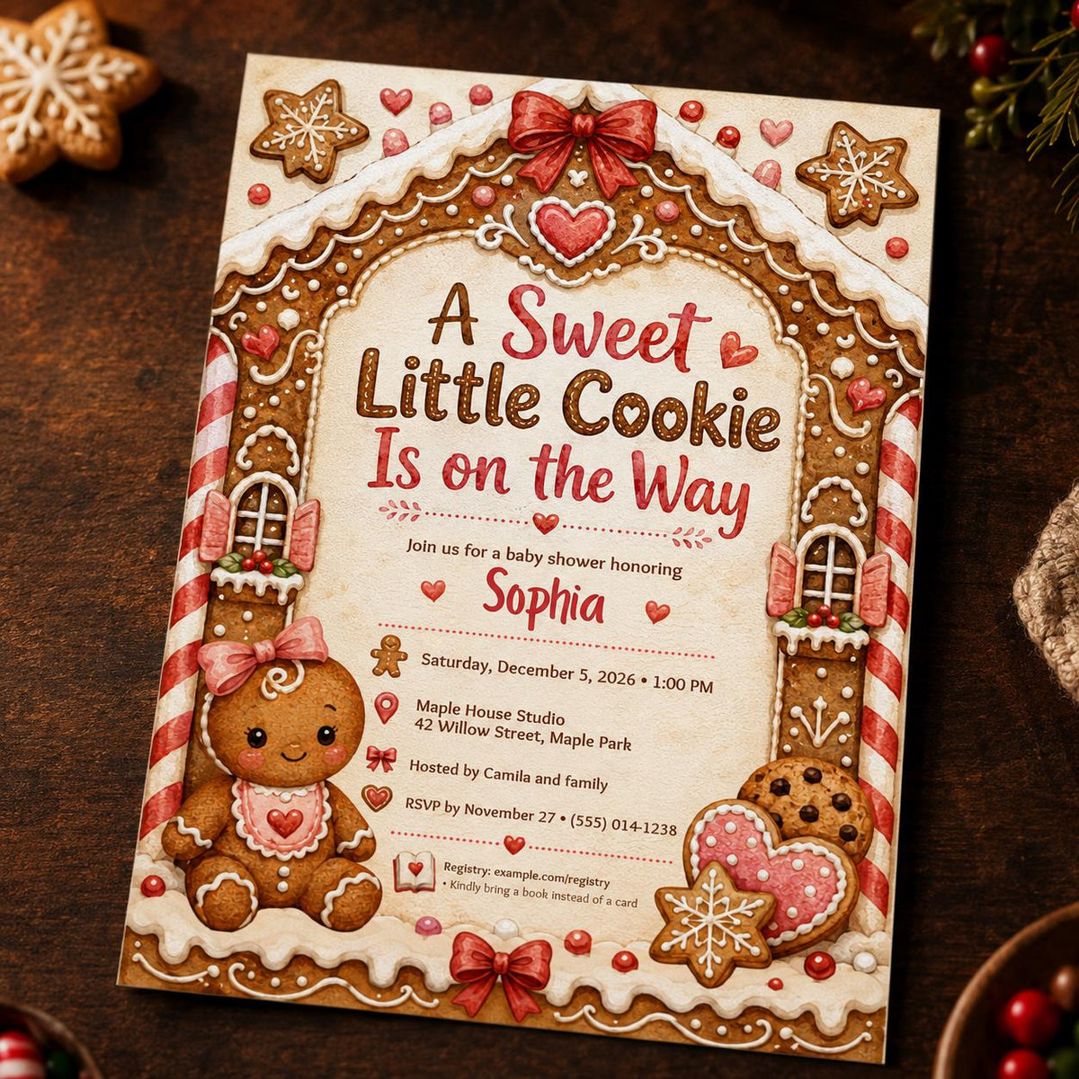 Pink Gingerbread Baby Shower Invitation for Girls — digital invitation, instant download