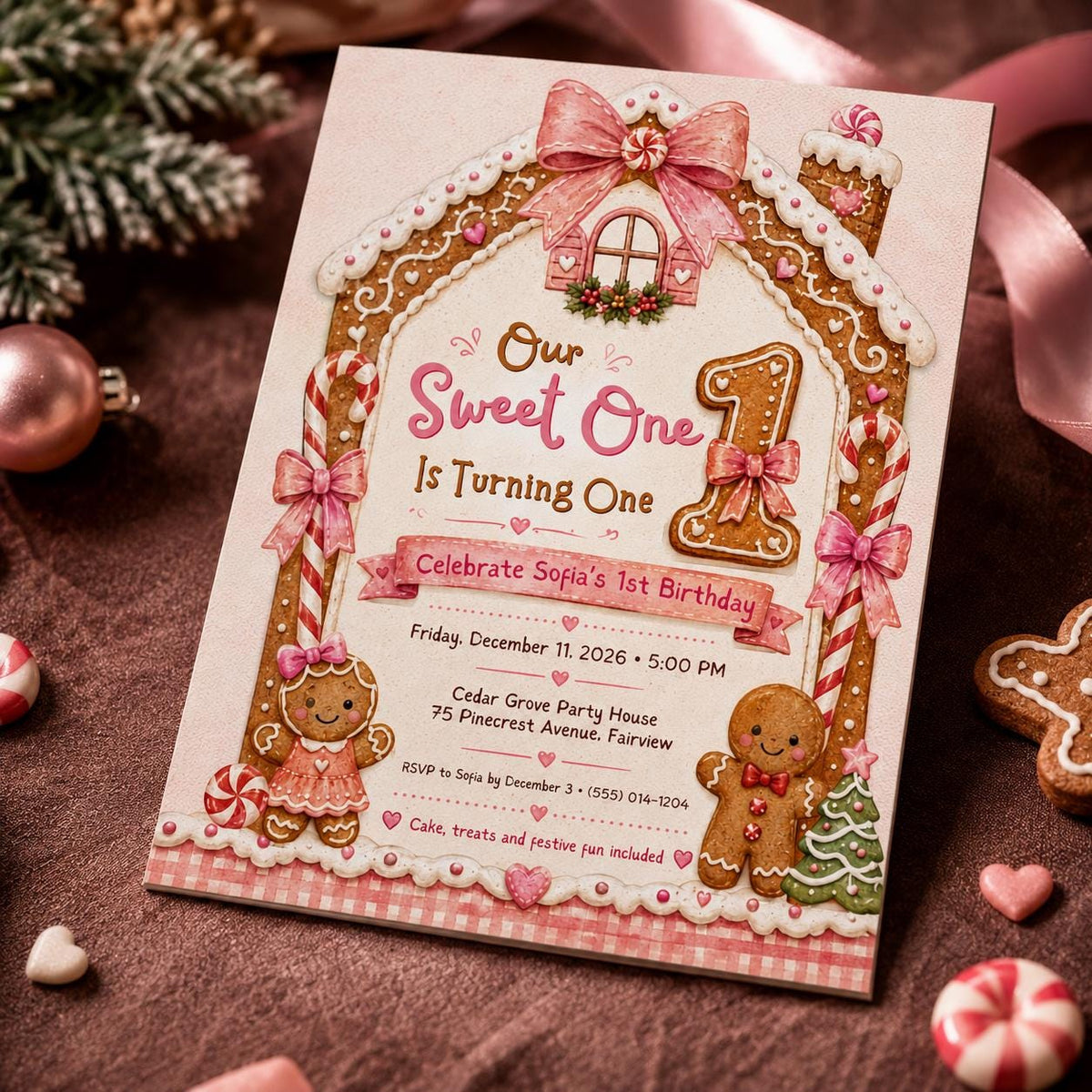 Pink Sweet One First Birthday Invitation for Girls — digital invitation, instant download