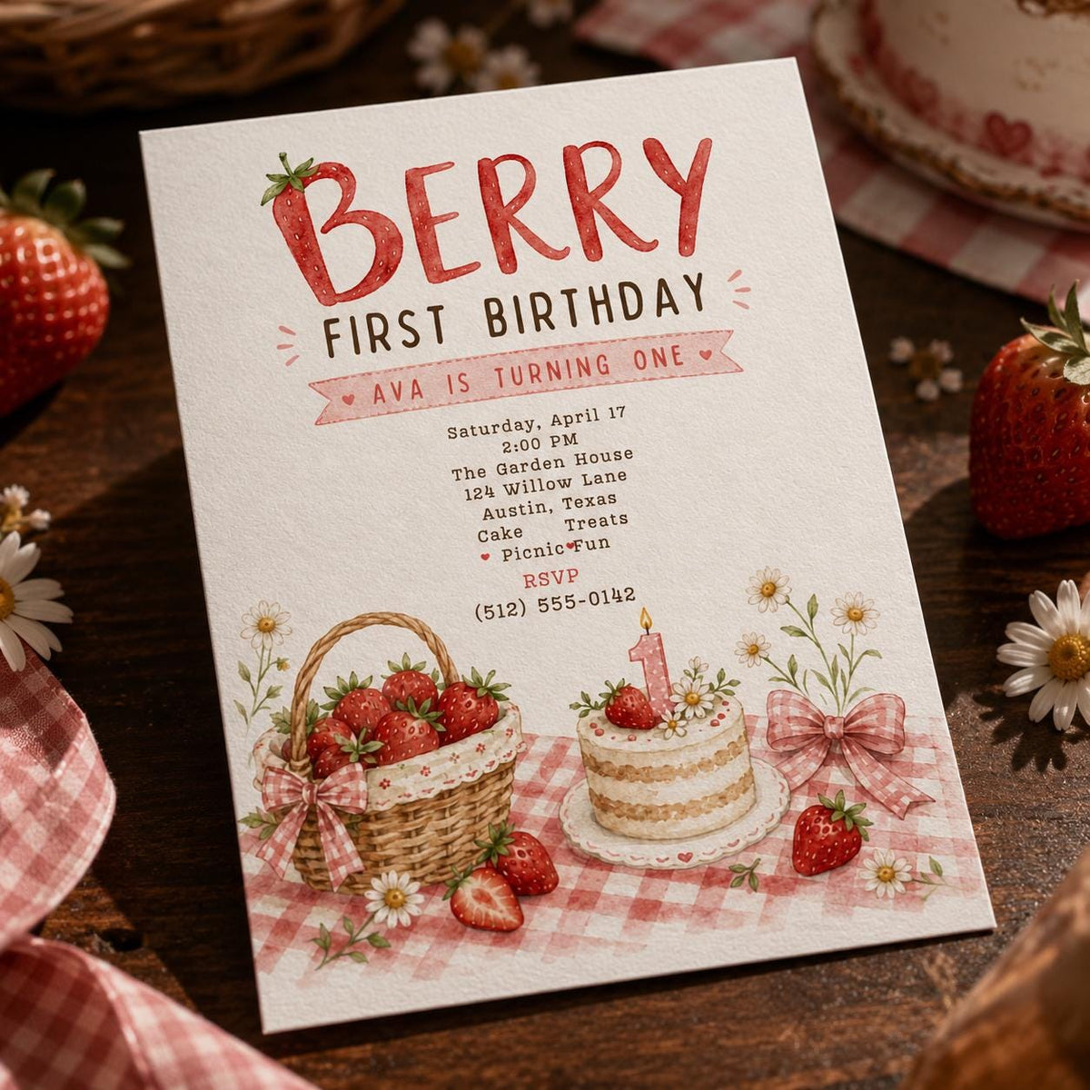 Pink Gingham Berry First Birthday Invitation for Girls — digital invitation, instant download
