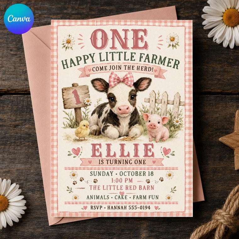 Pink Gingham Farm First Birthday Invitation for Girls