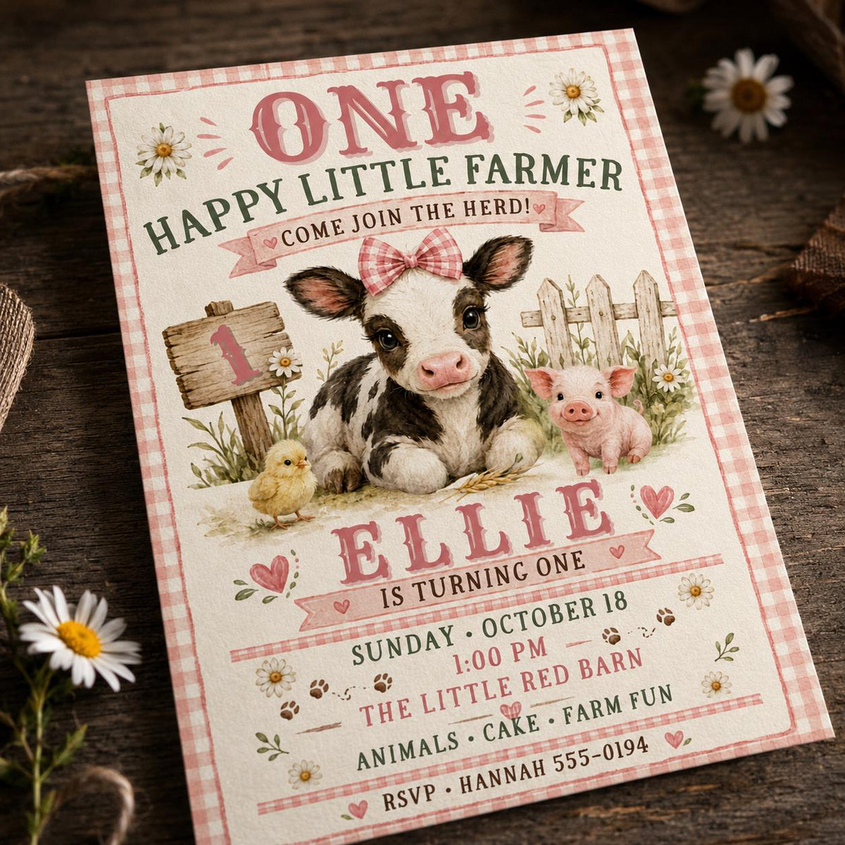 Pink Gingham Farm First Birthday Invitation for Girls — digital invitation, instant download