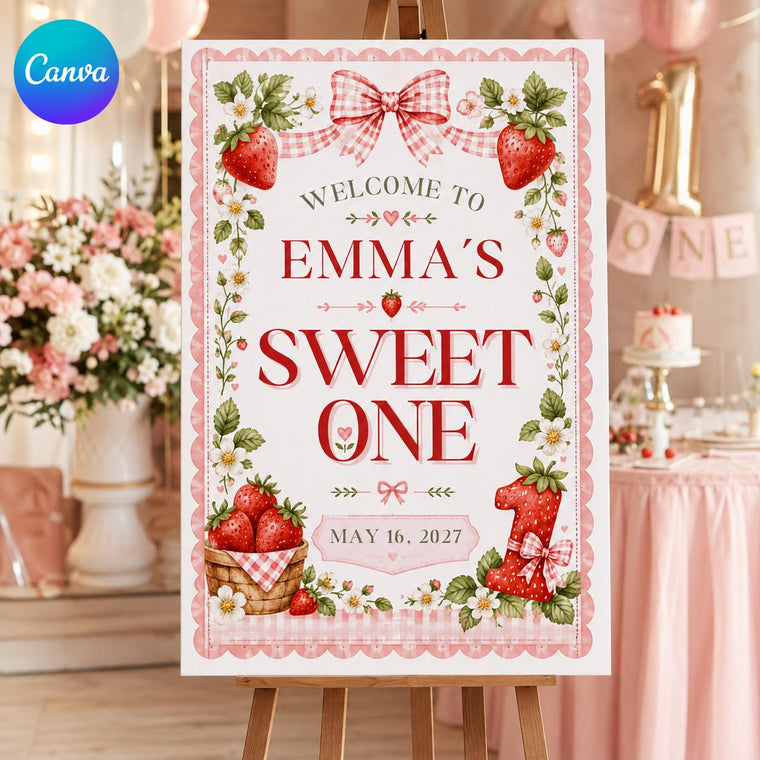 Pink Gingham First Birthday Welcome Sign