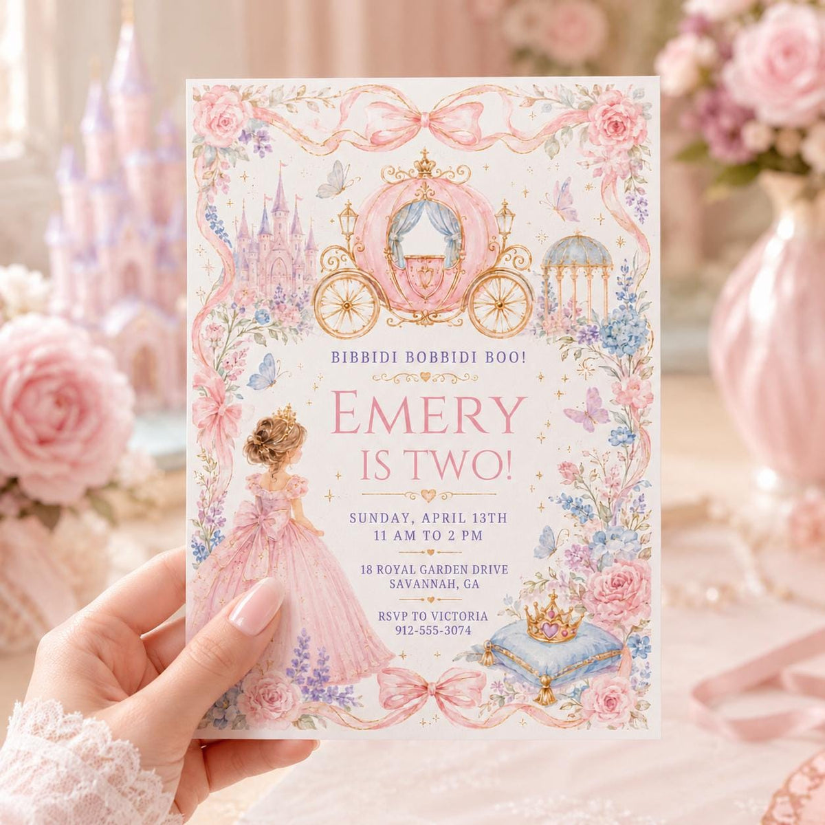 Pink Gingham Princess Carriage 2nd Birthday Invitation — digital invitation, instant download