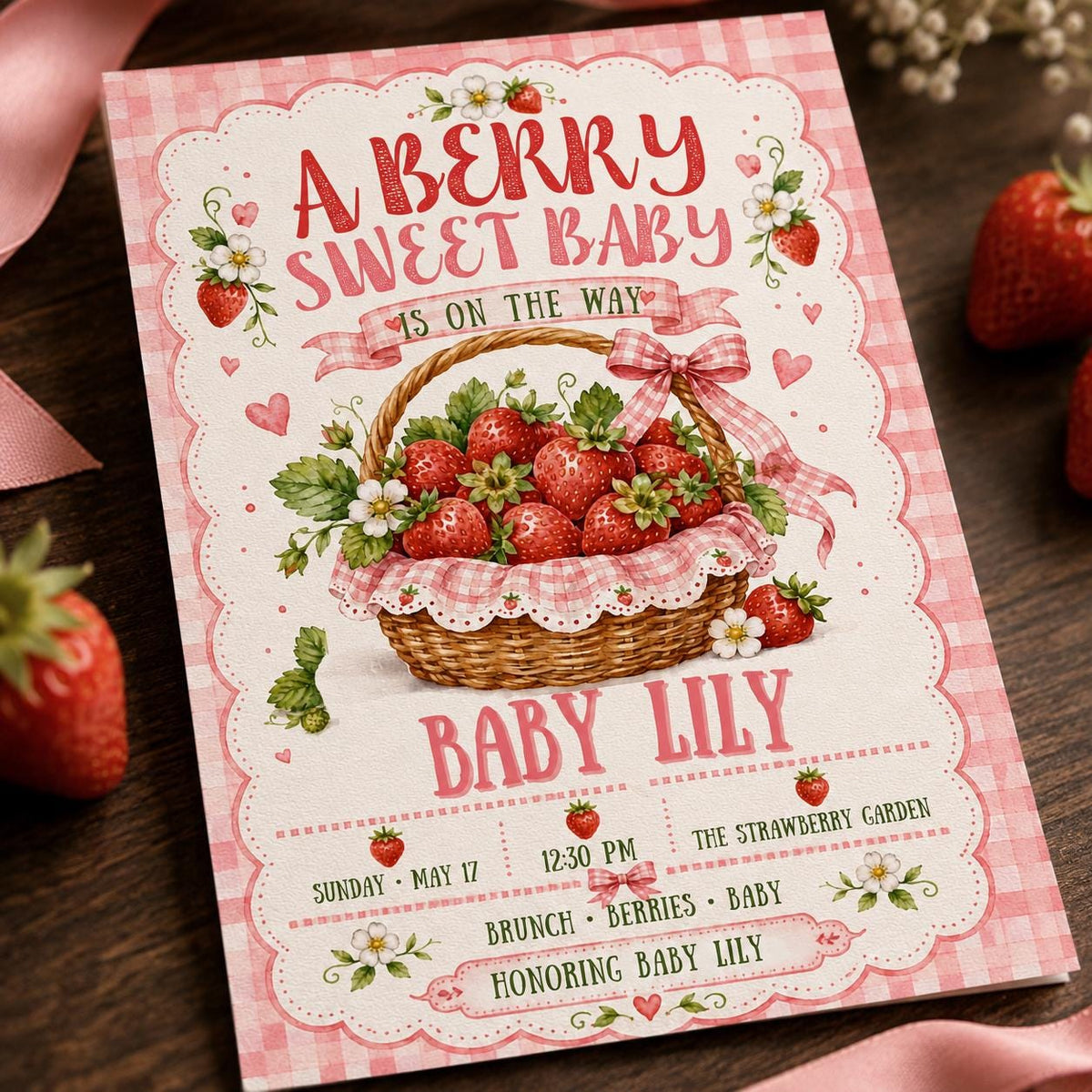 Pink Gingham Strawberry Baby Shower Invitation for Girls — baby shower stationery by VoltBy