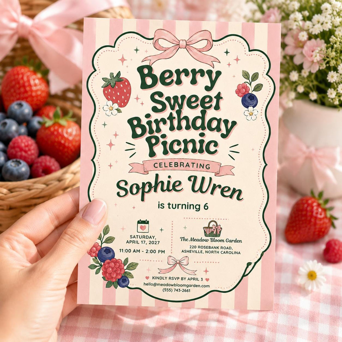 Pink Gingham Strawberry Birthday Invitation for Girls — digital invitation, instant download