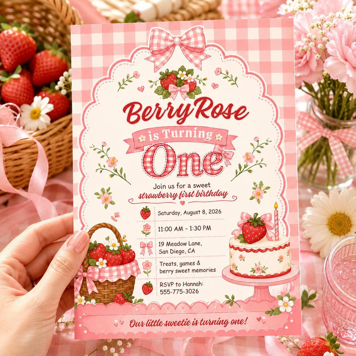 Pink Gingham Strawberry First Birthday Invitation for Girls — first birthday stationery by VoltBy