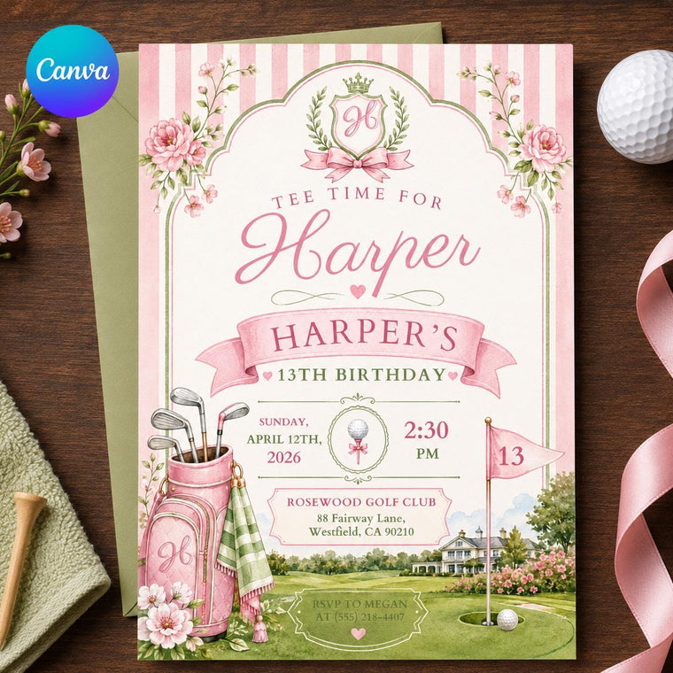 Pink Girls Golf 13th Birthday Invitation