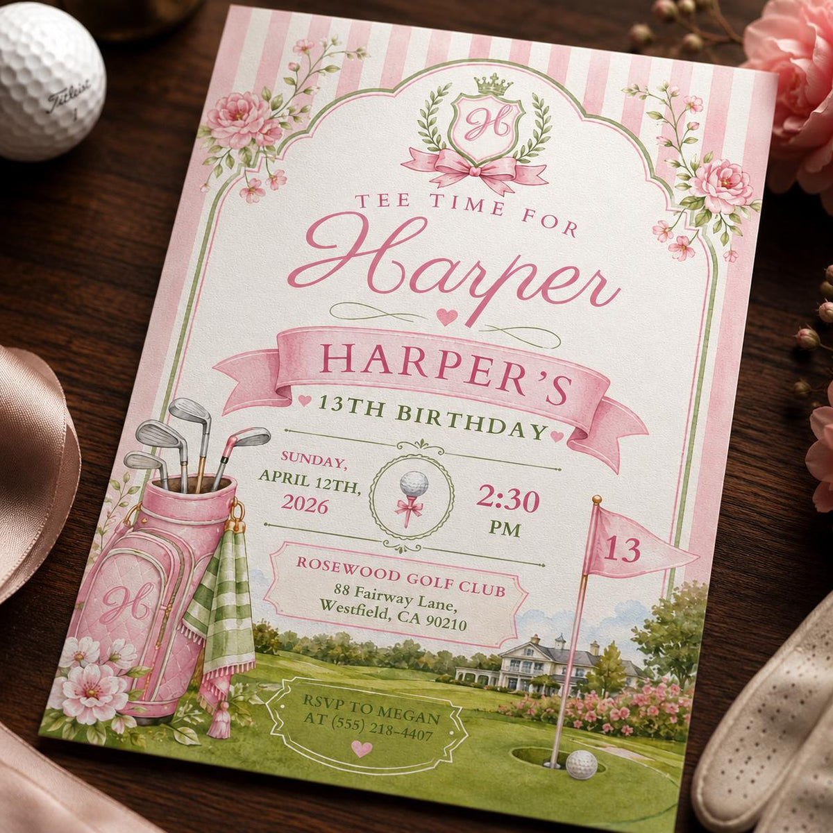 Pink Girls Golf 13th Birthday Invitation — 13th birthday party stationery by VoltBy