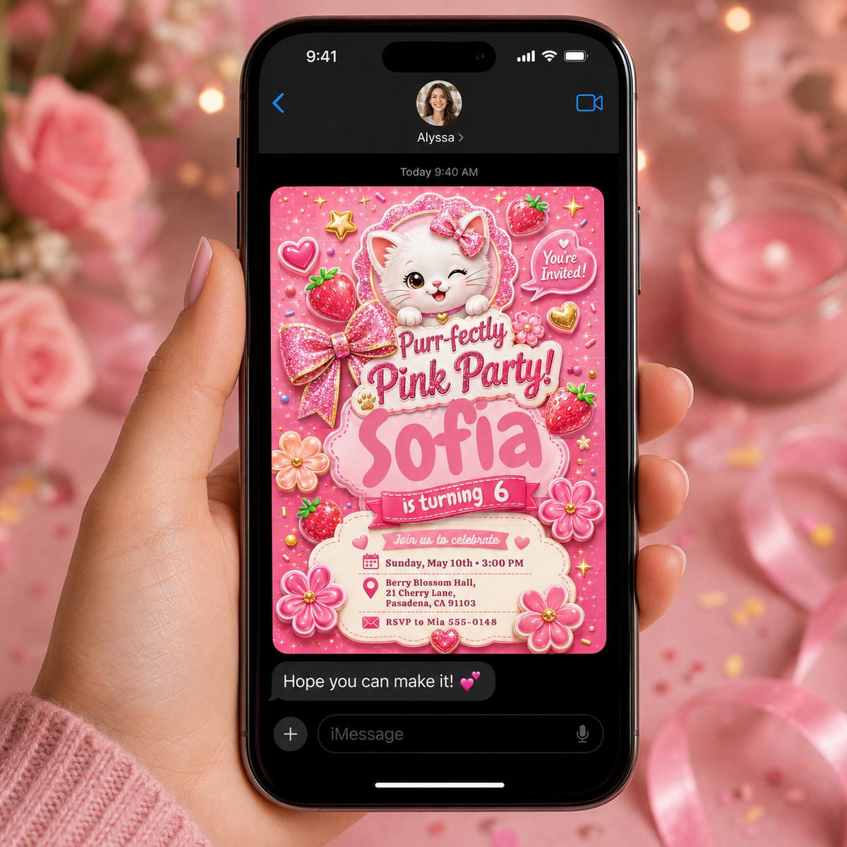 Pink Glitter Cat 6th Birthday Invitation for Girls — print-ready 6th birthday party design from VoltBy