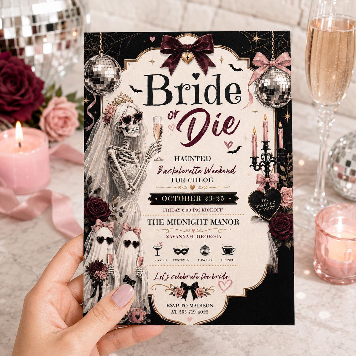 Pink Gothic Bride or Die Bachelorette Invitation — print-ready bachelorette party design from VoltBy
