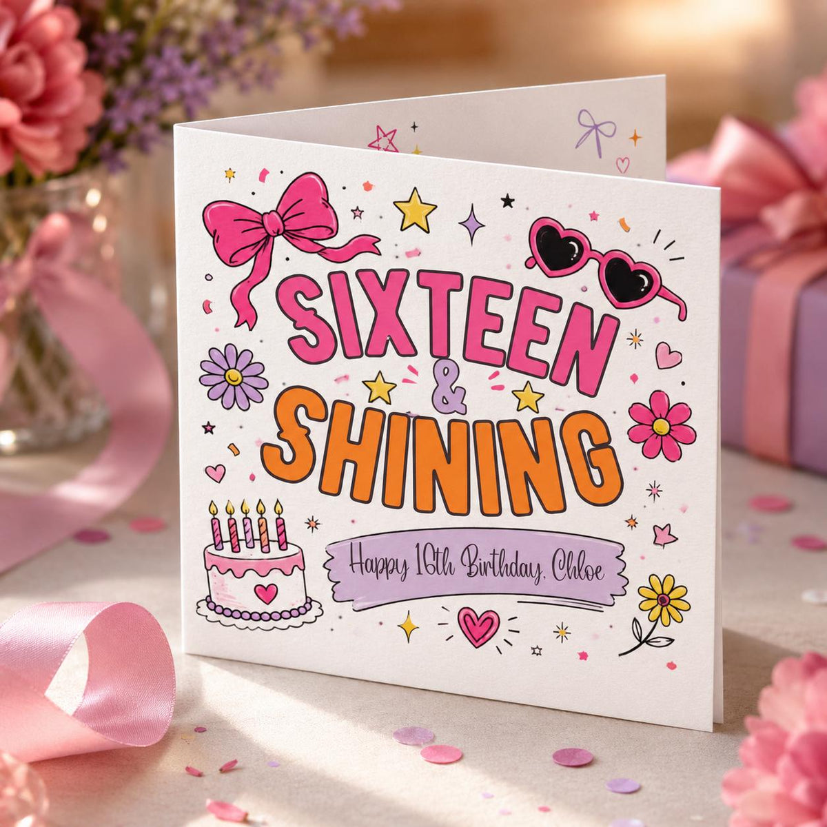 Pink Hand Drawn Sweet 16 Greeting Card for Girl — sweet 16 stationery by VoltBy