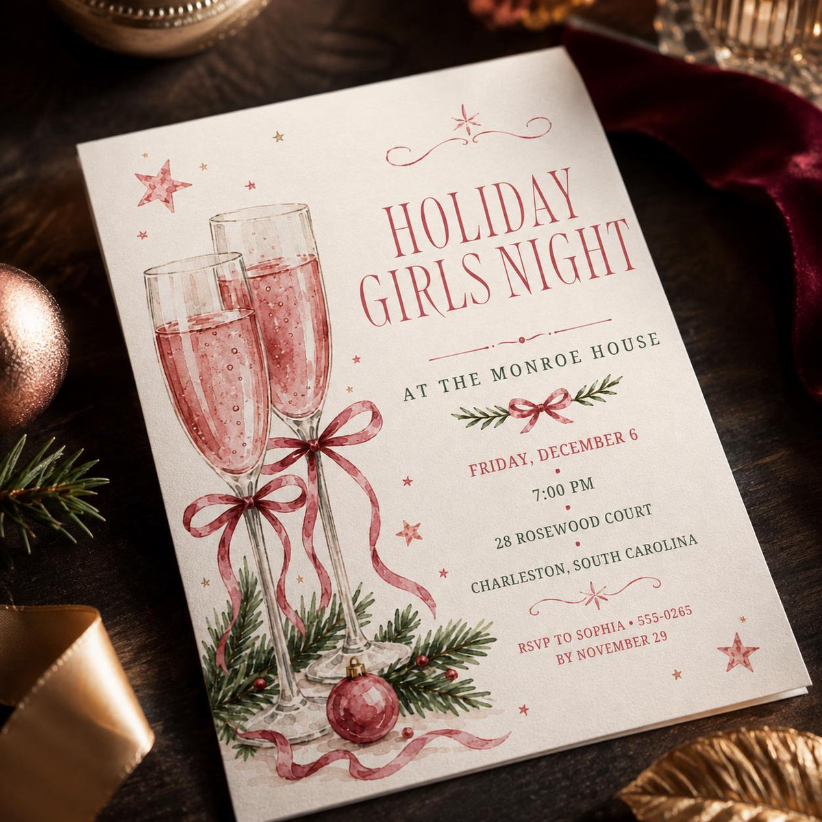 Pink Holiday Girls Night Invitation — digital invitation, instant download