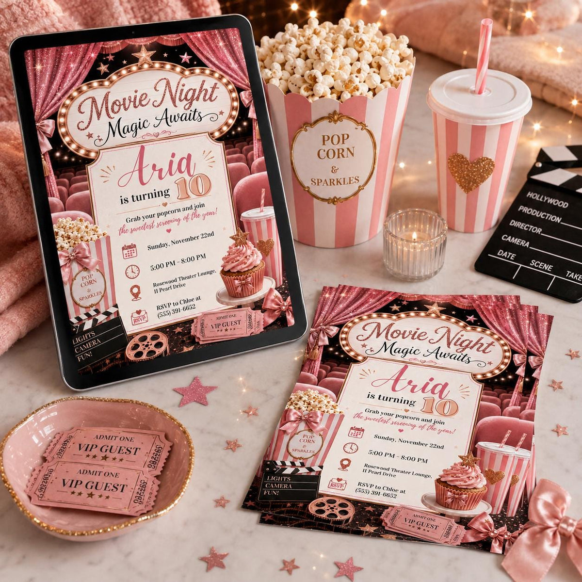 Pink Movie Night 10th Birthday Invitation for Girls — digital invitation, instant download