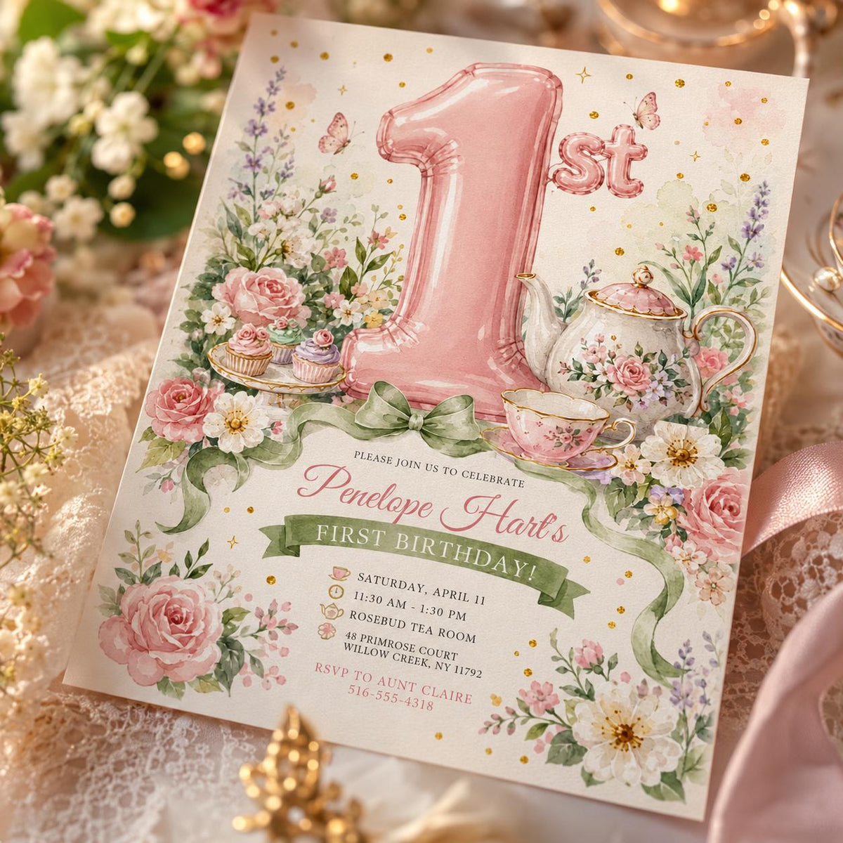 Pink Number One Floral Tea Party Birthday Invitation — digital invitation, instant download