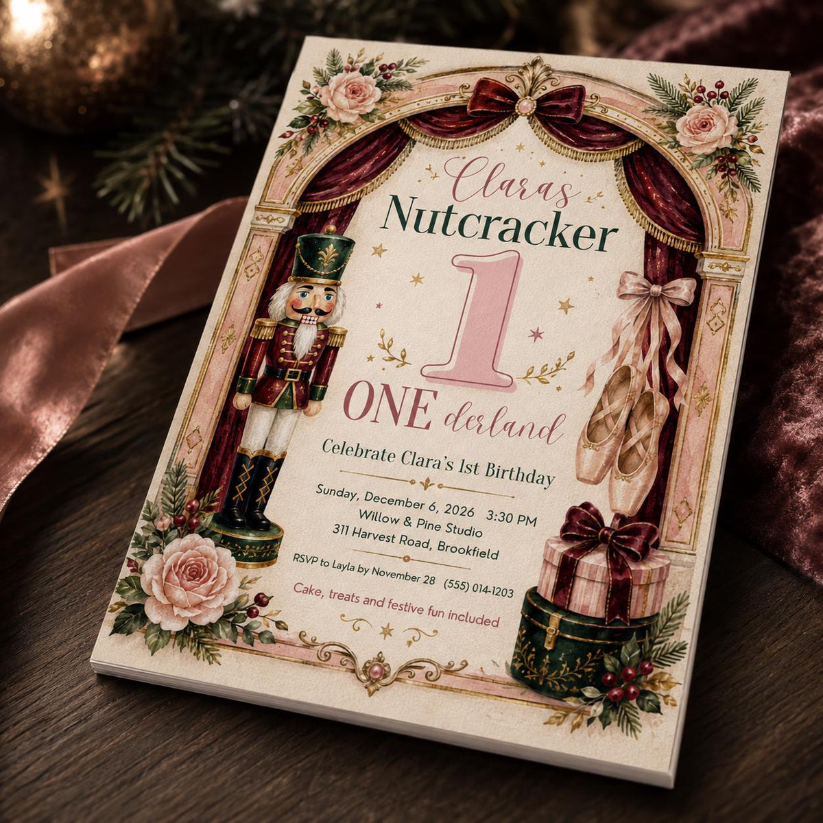 Pink Nutcracker 1st Birthday Invitation for Girls — digital invitation, instant download