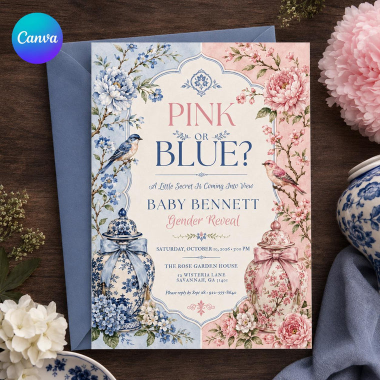 Pink or Blue Chinoiserie Gender Reveal Invitation