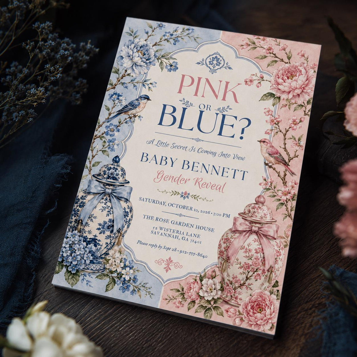 Pink or Blue Chinoiserie Gender Reveal Invitation — gender reveal stationery by VoltBy