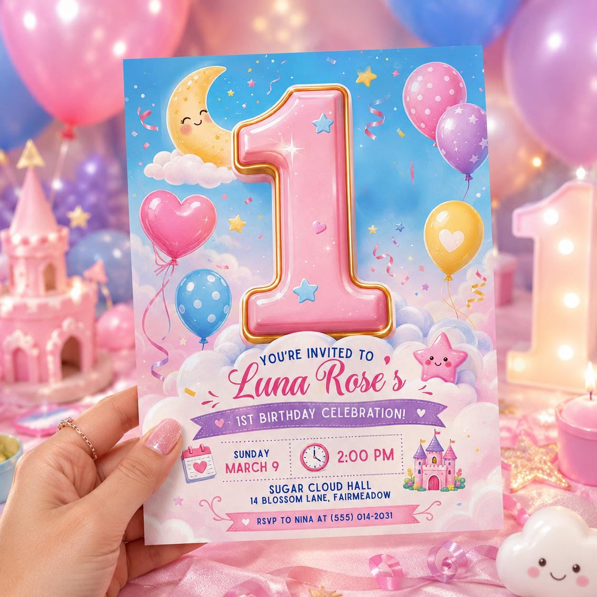 Pink Pastel Girl 1st Birthday Invitation — digital invitation, instant download