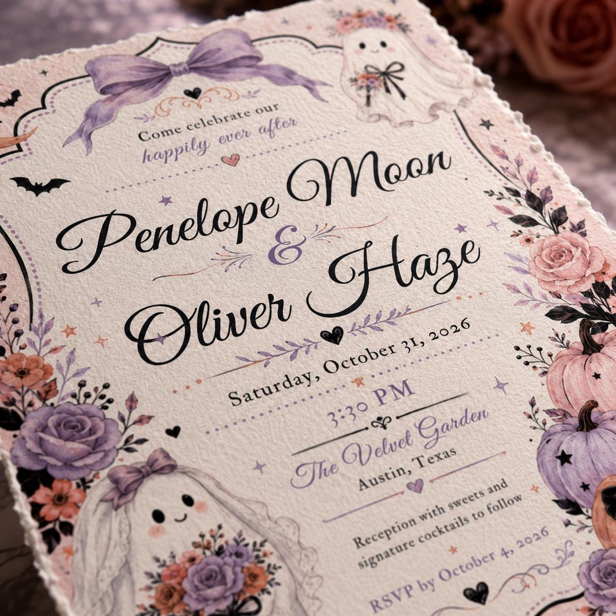 Pink Pastel Halloween Wedding Invitation — print-ready wedding design from VoltBy