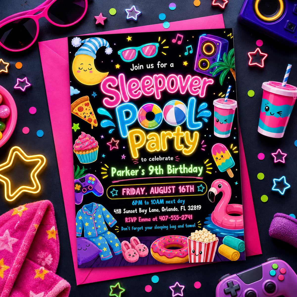 Pink Pool Party and Sleepover Birthday Invitation for Girls — birthday party stationery by VoltBy