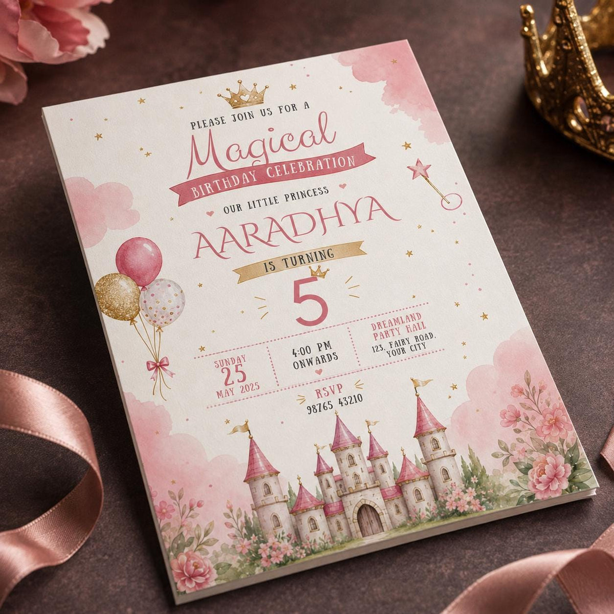 Pink Princess 5th Birthday Invitation: Magical Royal Party — digital invitation, instant download