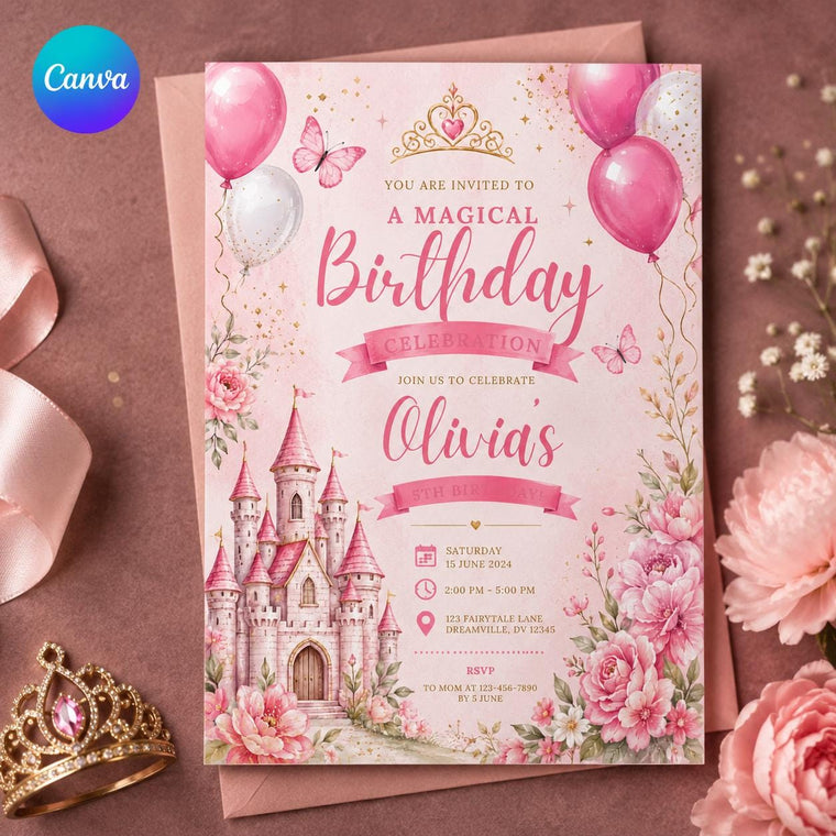 Pink Princess 5th Birthday Invitation: Pink Castle Fairy Tale 5th Birthday