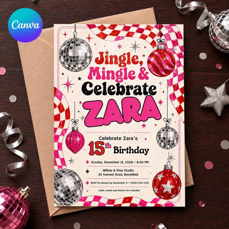 Pink Retro Christmas 15th Birthday Invitation for Girls