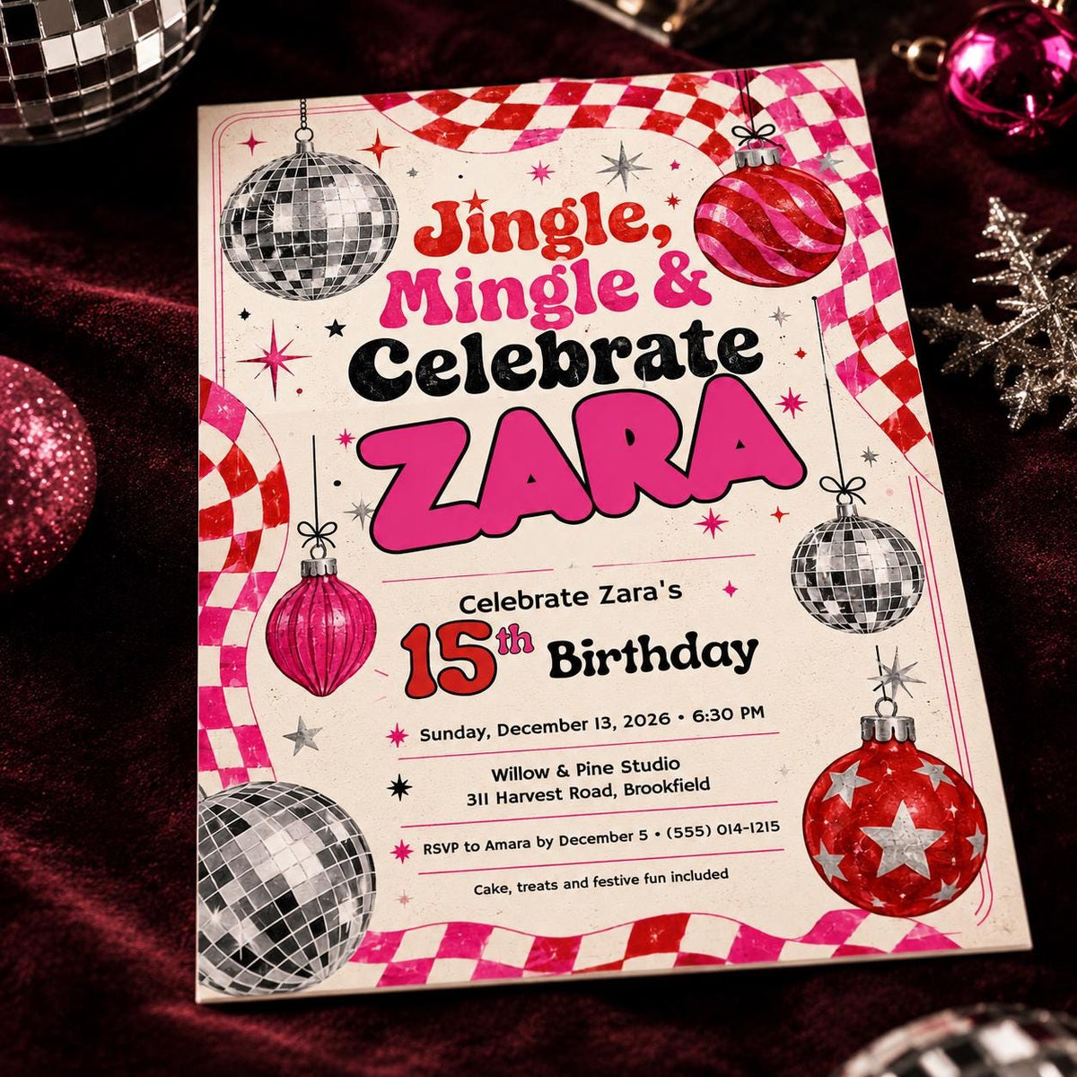 Pink Retro Christmas 15th Birthday Invitation for Girls — print-ready 15th birthday party design from VoltBy
