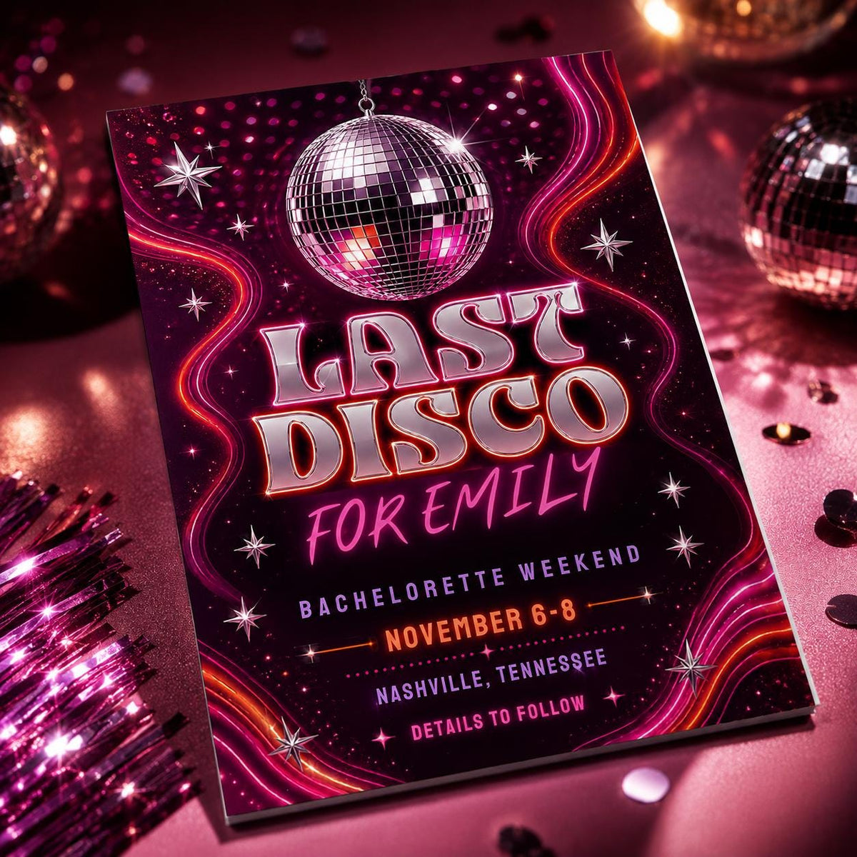 Pink Retro Last Disco Bachelorette Invitation — digital invitation, instant download