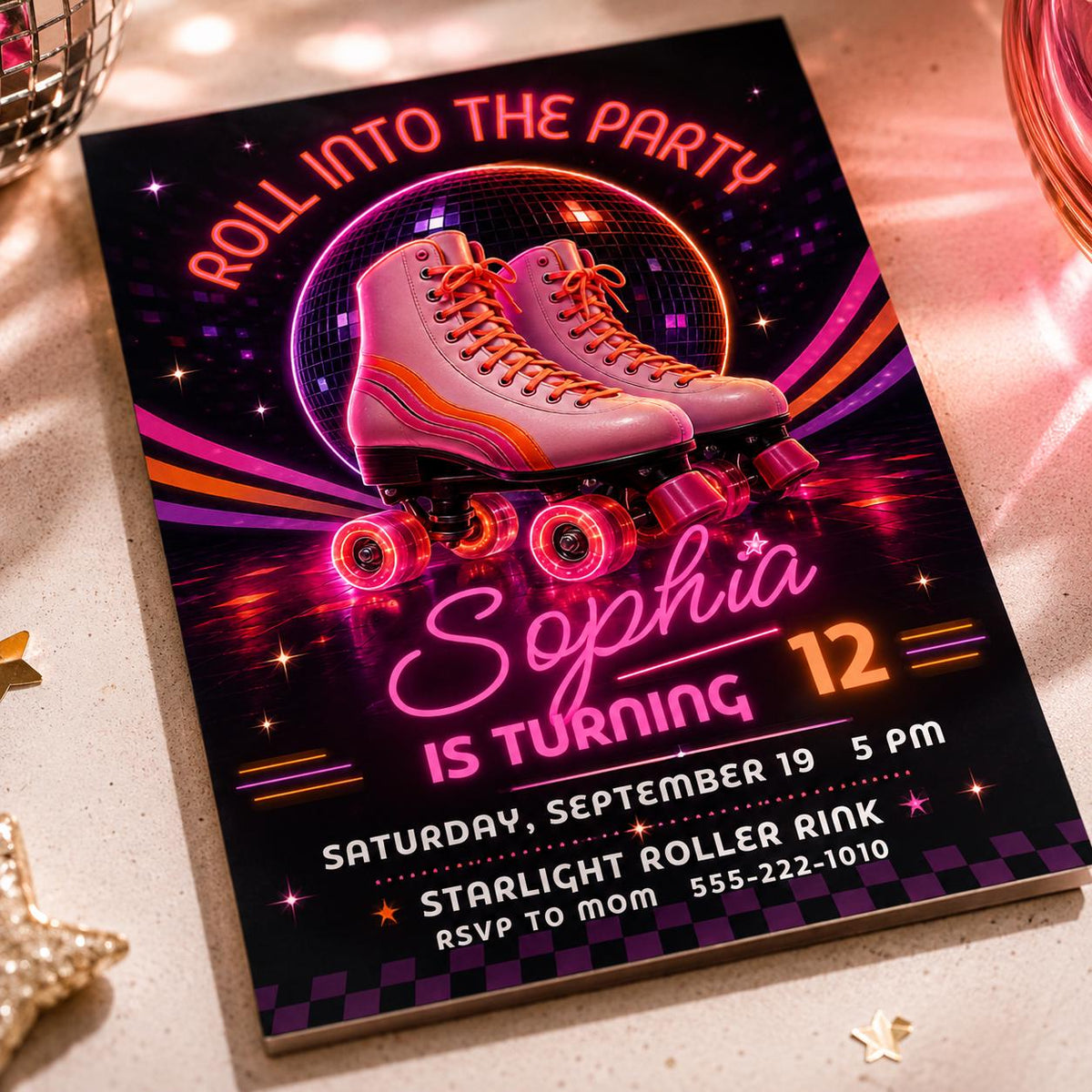 Pink Retro Roller Disco 12th Birthday Invitation — digital invitation, instant download