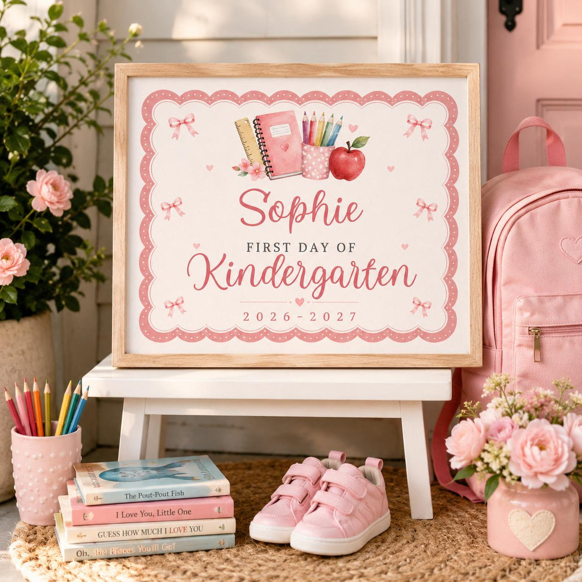 Pink Scalloped First Day of Kindergarten Sign — apple artwork in cream