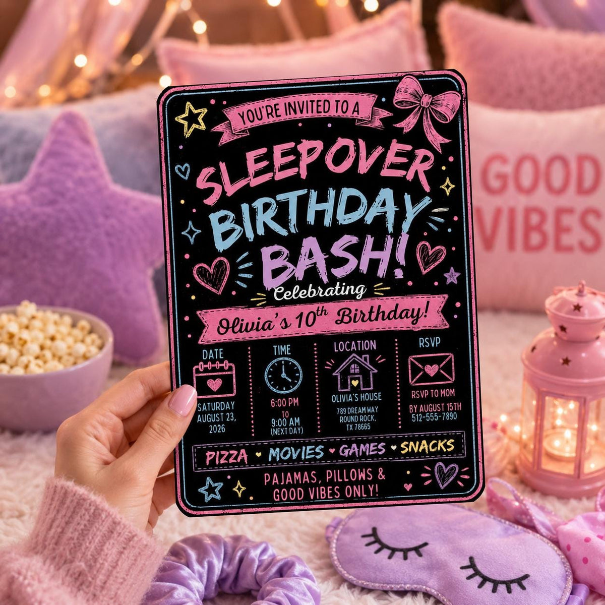 Pink Sleepover Birthday Invitation for Girls — birthday party stationery by VoltBy