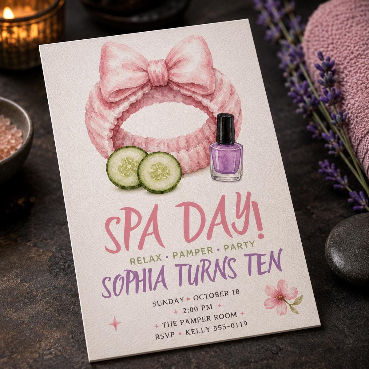 Pink Spa Day 10th Birthday Invitation for Girls — 10th birthday party stationery by VoltBy
