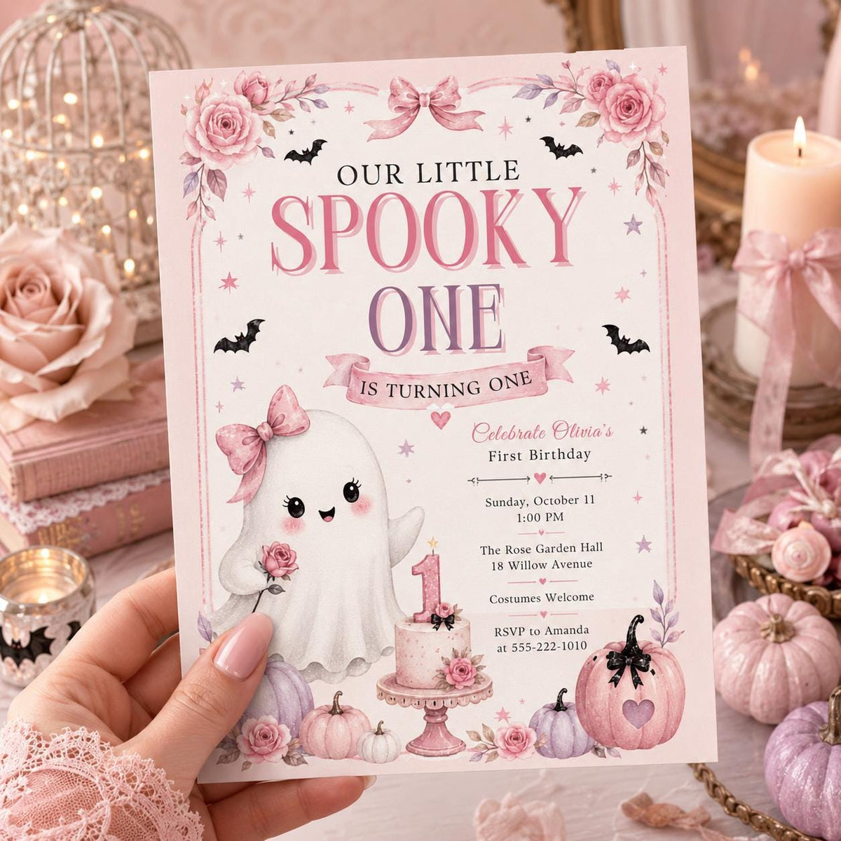Pink Spooky One First Birthday Invitation for Girls — digital invitation, instant download