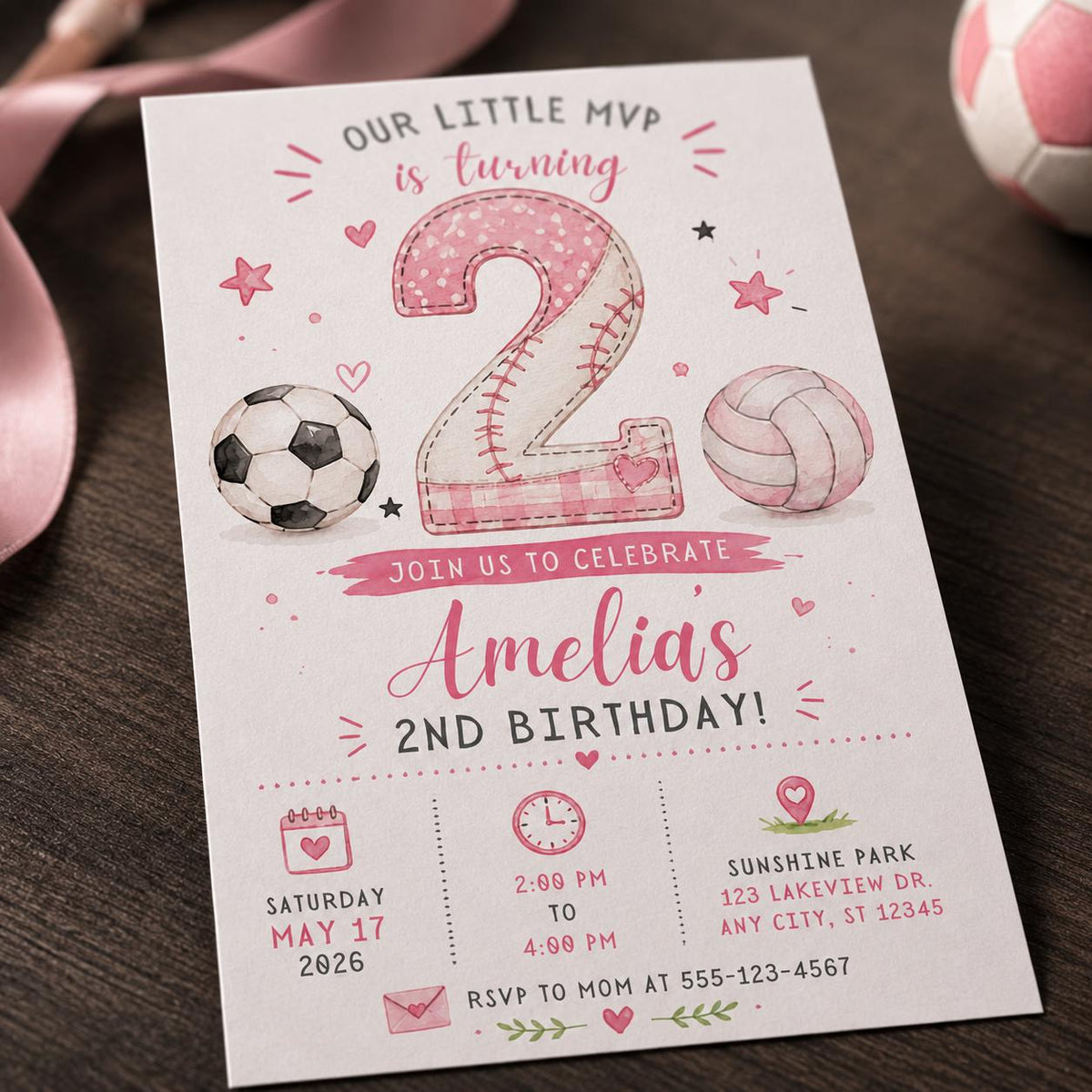 Pink Sports 2nd Birthday Invitation for Girls — digital invitation, instant download