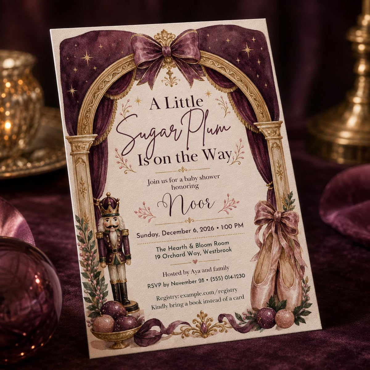 Pink Sugar Plum Baby Shower Invitation for Girls — digital invitation, instant download