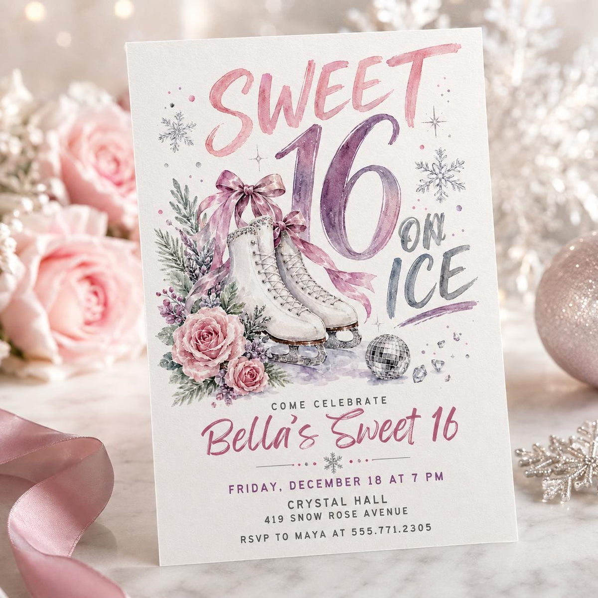 Pink Sweet 16 On Ice Invitation — digital invitation, instant download